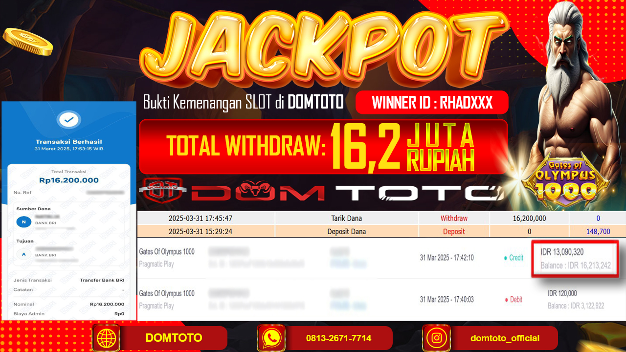 JACKPOT SLOT GATES OF OLYMPUS 1000 31 MARET 2025